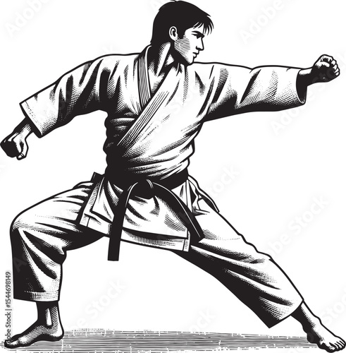 Dynamic Aikido Stance Black and White Woodcut Illustration Isola