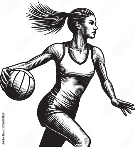 Netball action artwork depicting determined female athlete in vi