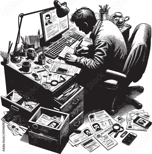 Man forging documents at a chaotic desk, woodcut style illustrat