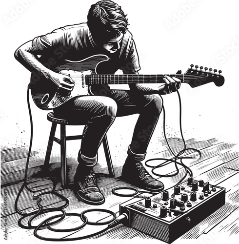 Monochrome musician creating instrumental loops with electric gu