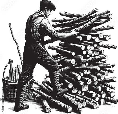 Woodcutter stacks neatly arranged firewood in a realistic woodcu