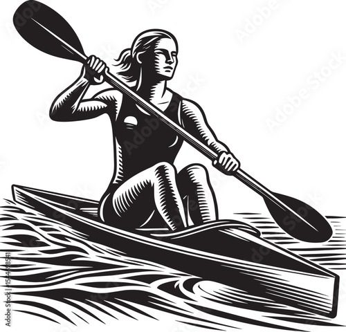 Monochrome woodcut drawing of a female athlete canoeing on water
