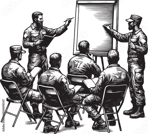 Military training session depicted in a vintage woodcut style dr