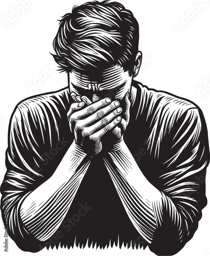 Distressed man in engraving style covering his face in profound