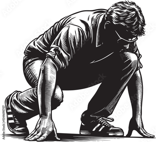 Dynamic woodcut illustration of a man in a crouched stance poise