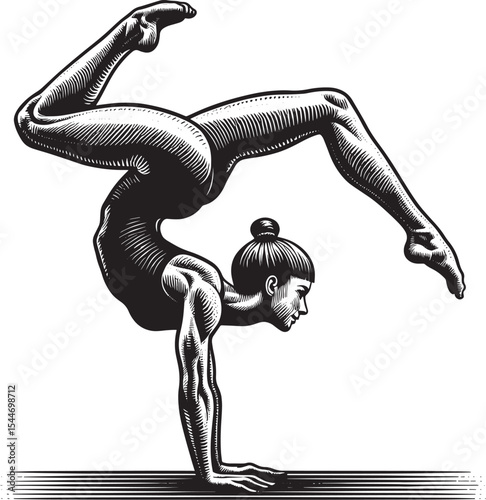 Engraved acrobatic performer in balanced handstand on isolated b
