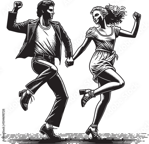 Enthralling vintage-styled couple moonwalking, conjuring an 80s
