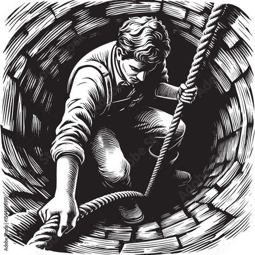 A lone miner descends a treacherous, forgotten shaft with only a