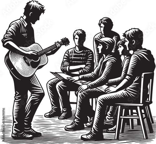 Guitar instruction in woodcut style, musician teaching a group o