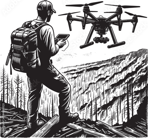 Man monitors forest fire aftermath with drone survey using aeria