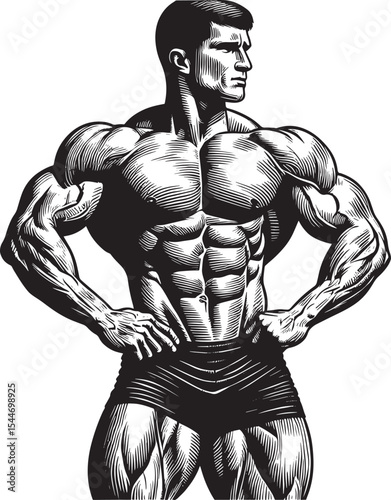 Monochrome woodcut illustration of a male bodybuilder posing, mu