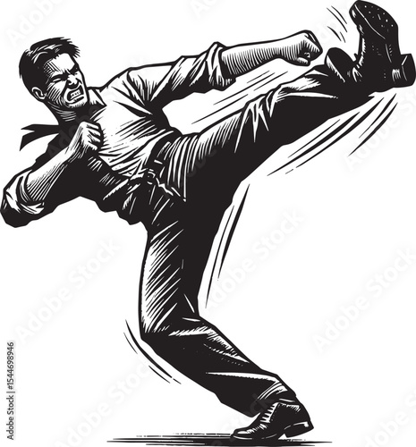 Dynamic woodcut illustration of a man in a suit executing a powe