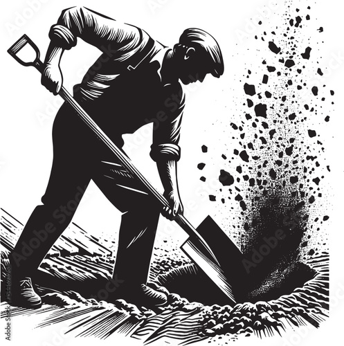 A Man laboriously digging a hole with a shovel, dirt flying in w