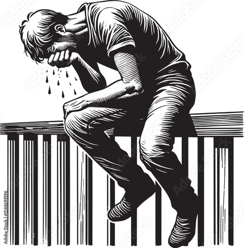 Distressed man depicted in stylized woodcut, portraying grief an