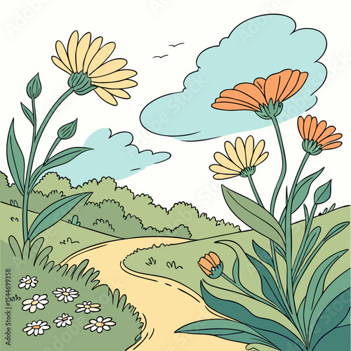 Cartoon Countryside Landscape with Large Wildflowers and Winding Path
