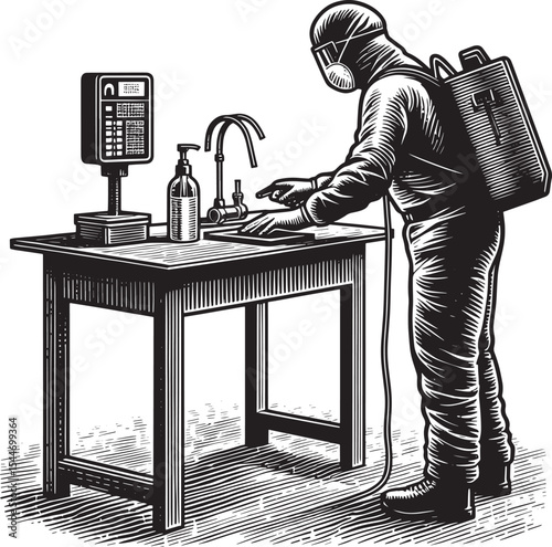 Sanitation worker meticulously sanitizing a medical station in a