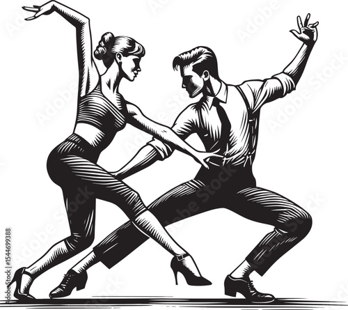 Dynamic duo executing synchronized dance steps in energetic blac