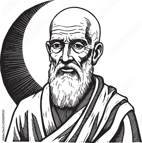 Illustration of a Wise, Bearded Man with a Halo and Crescent Moo