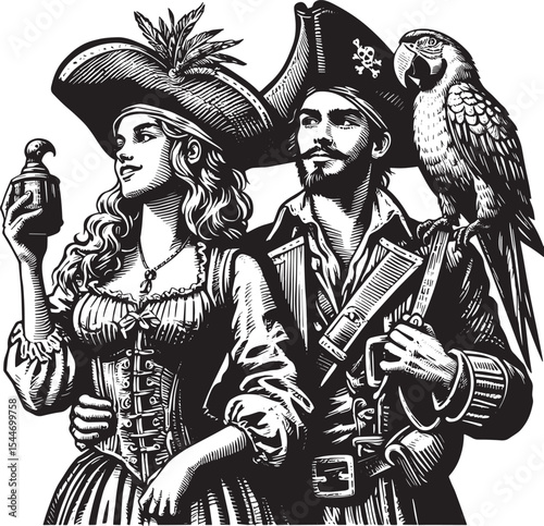 Pirate Adventure: A Couple's Festive Portrayal with a Parrot in