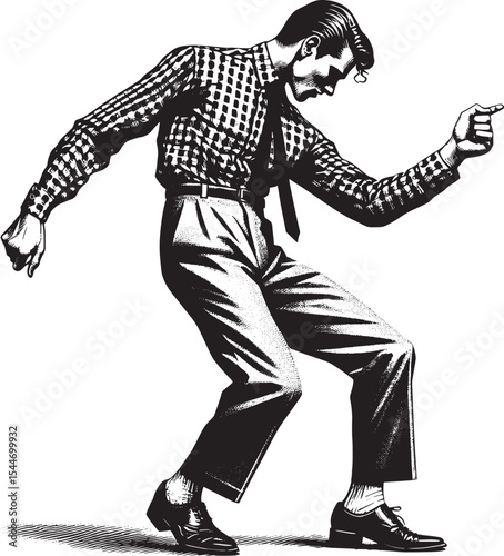 Engraved illustration of a stylish man grooving in a vintage che