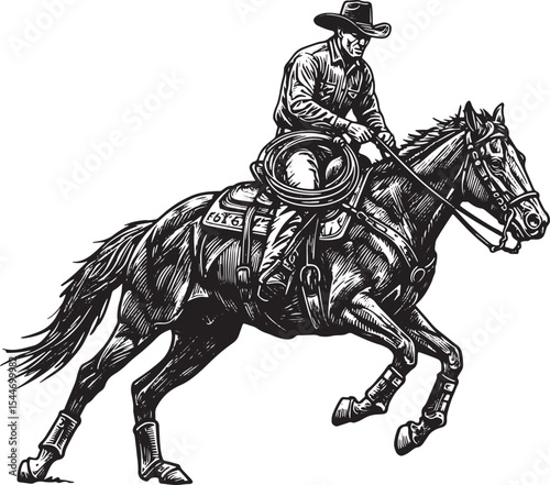 Illustration of a cowboy riding a horse in a rodeo competition w
