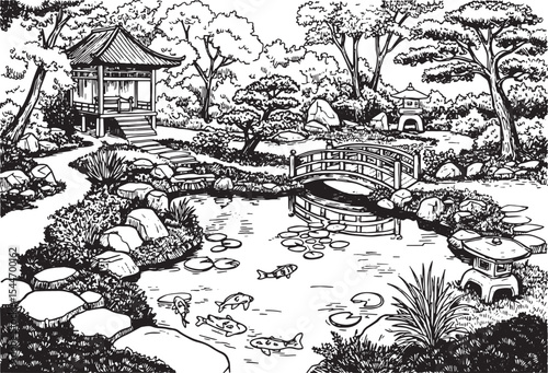 Detailed hand-drawn illustration of a serene Japanese garden wit