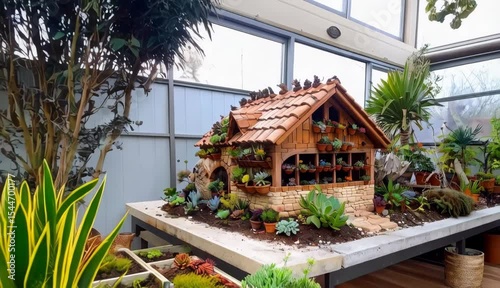 Miniature Stone House Decorated with Succulents and Cactus Plants in a Greenhouse Setting