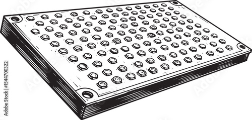 Detailed Black and White Illustration of a Grated Metal Panel wi