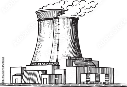 Detailed monochrome illustration of a nuclear power plant with s