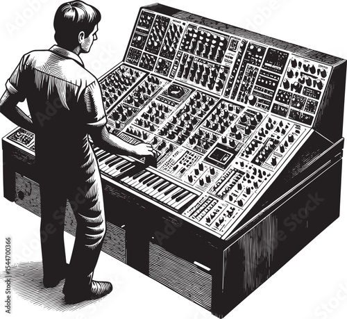 Man interacting with a complex modular synthesizer, creating and