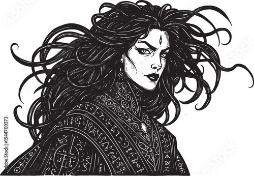 Mysterious woman with long flowing hair and ornate clothing, bla