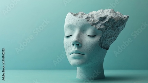 Surreal human face sculpture in blue with broken texture for art concept creativity emotional abstract theme