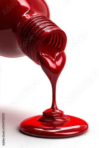 Red liquid pouring from a bottle, creating a heart shape, symbolizing passion.