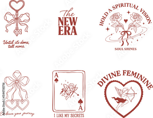 Aesthetic vector set featuring spiritual and feminine-themed illustrations with empowering quotes and symbolic elements like hearts, flowers, ribbons, and tarot cards. Perfect for stickers and apparel