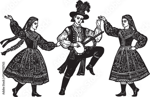 Traditional folk dance illustration with musicians and dancers i