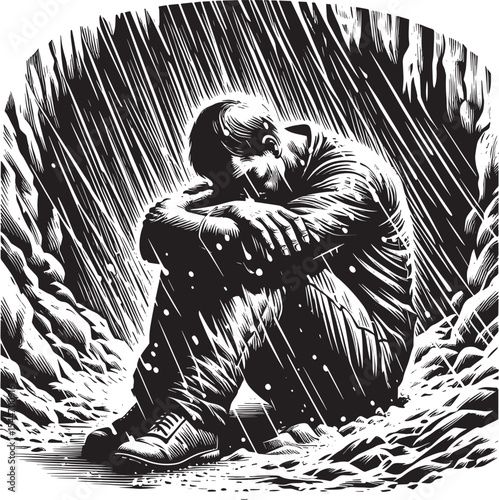 Desolate figure seeking refuge: A woodcut illustration of solitu