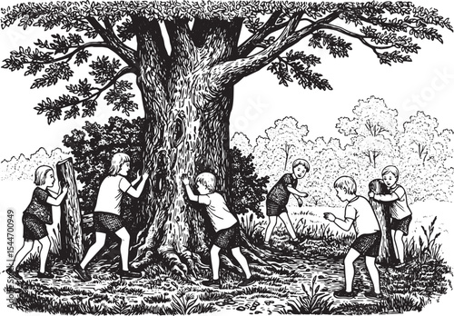 Children Playing Hide and Seek Around a Large Tree in a Black an