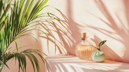 Natural sunlight on perfume bottles with palm shadows for tropical skincare product aesthetic beauty branding concept