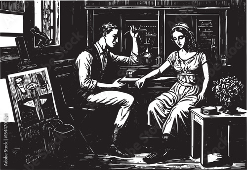 Vintage black and white illustration of a man and woman interact