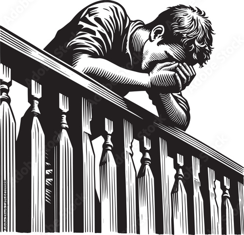 Monochrome woodcut illustration depicting deep sorrow and emotio