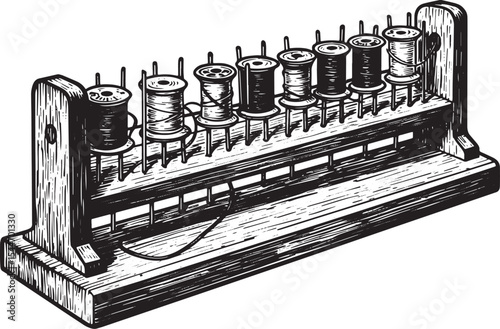 Vintage wooden thread spool holder with spools, black and white