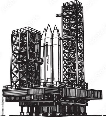 Black and white illustration of a rocket on a launchpad ready fo