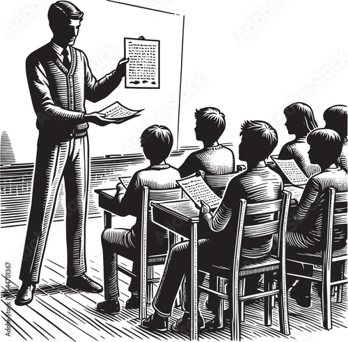 Illustrative depiction of a teacher distributing worksheets in a