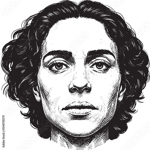 Detailed Black and White Portrait of a Woman with Curly Hair
