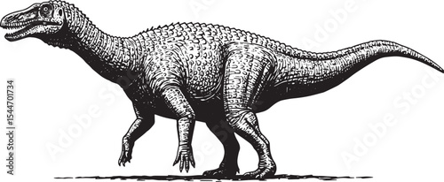 Detailed Black and White Illustration of a Large Dinosaur Isolat