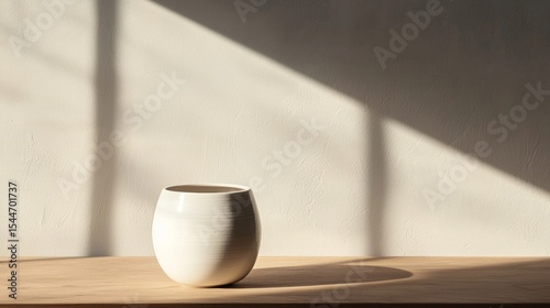 Minimal ceramic cup on wooden surface with dramatic shadow for interior design concept product styling photography