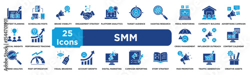 Social Media Management icon collection set. Containing content planning,scheduling posts,brand visibility,engagement strategy,platform analytics,target audience icon. dual tone vector.