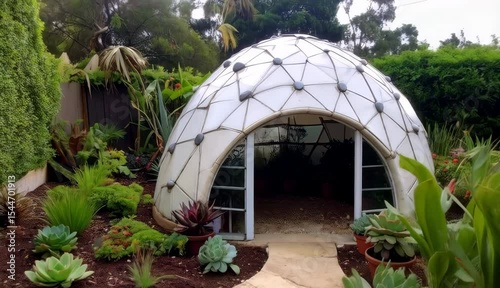 Geodesic Dome Greenhouse in Lush Garden Setting Plants and Flowers Surround Unique Structure