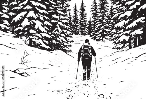 Black and White Illustration of a Hiker Walking Through a Snowy