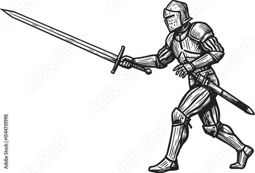 Illustration of a Medieval Knight with Sword in Full Armor, Read